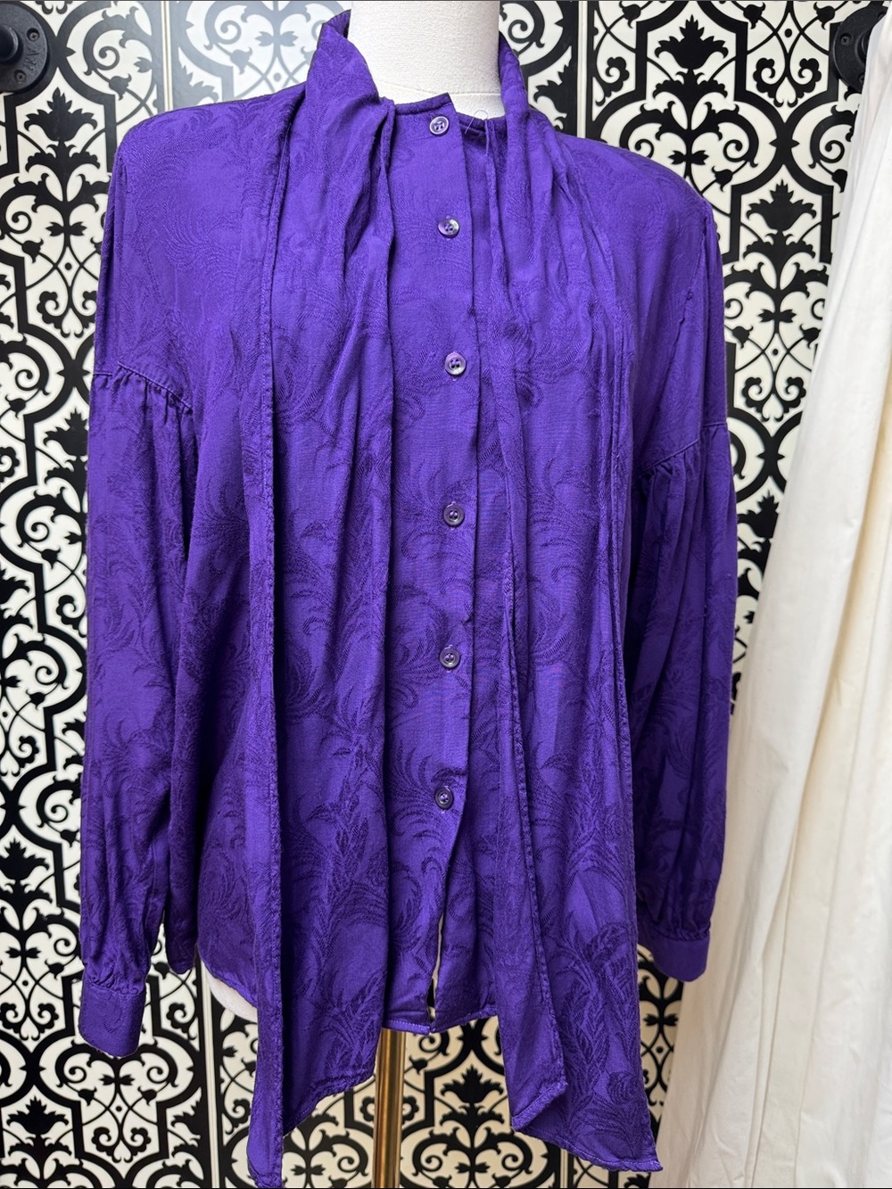Vintage White Stag Purple Tie-Neck Button-Front Blouse - Picture 9 of 11
